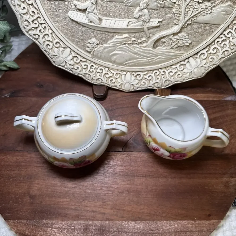 Hand Painted Porcelain Creamer Sugar Bowl Pink Roses Gold Trim Set Vintage